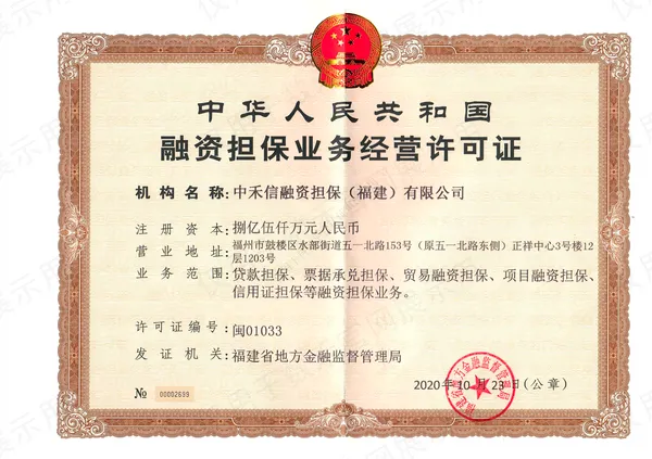 数禾科技融资担保业务经营许可证证书